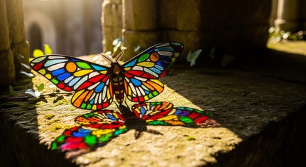 Stained Glass Moth Resting on Stone Ledge in Ancient Ruins, Sunlight