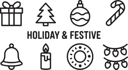 Naklejka premium Collection of Winter Holiday and Festive Season Icons for Seasonal Celebrations and Decorations