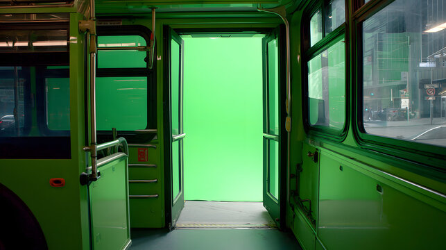 Interior view of a public bus with open doors revealing a green screen for special effects.