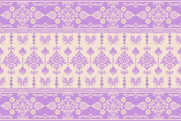 Seamless decorative pattern in a pastel purple and cream color scheme. Symmetrical patterns give it a traditional, ornate, and elegant aesthetic, similar to a damask or brocade fabric.