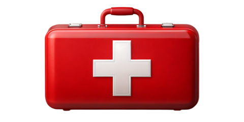 Red medical kit white cross isolated on a transparent background