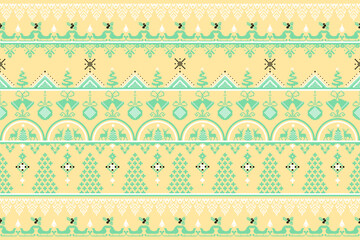 Christmas pattern in a pastel yellow and mint green color scheme. The design includes horizontal bands with various holiday motifs such as reindeer pulling sleighs, Christmas trees, snowflakes.