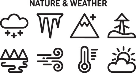 Collection of Nature and Weather Themed Icons Representing Winter Conditions and Natural Phenomena