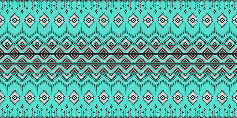Geometric tribal pattern on a bright teal background. It's composed of horizontal rows with intricate motifs, including stacked diamonds and chevrons, creating a layered and textured look.