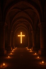 Glowing cross illuminated in dark stone cathedral with candles