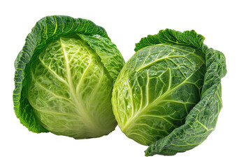 Two fresh cabbages, vibrant green, close-up