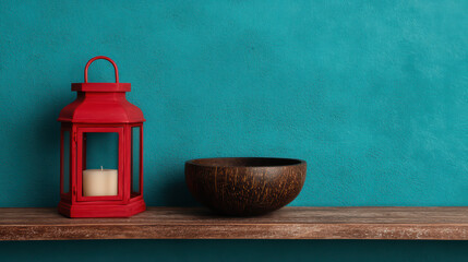 A vibrant teal wall features a rustic shelf holding a red lantern with a candle and a textured brown bowl, creating a cozy and inviting atmosphere.