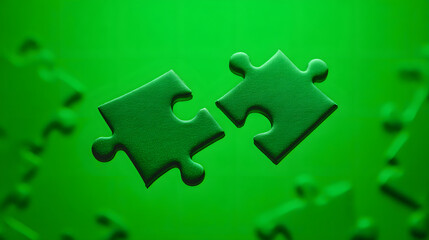Two green puzzle pieces are about to connect against a blurred green background.