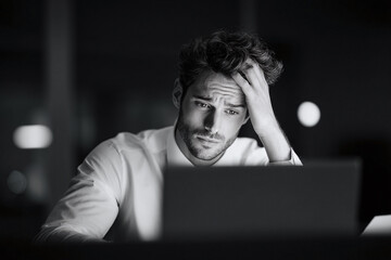 Black and white image of a stressed man working late on a laptop. Symbolizes burnout, deadline pressure, or complex problemsolving. Ideal for business and lifestyle content.