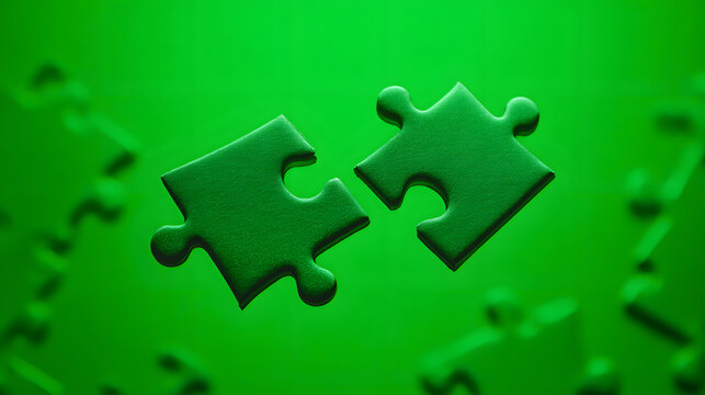 Two green puzzle pieces are about to connect against a blurred green background. - Powered by Adobe
