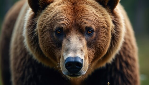 Grizzly bear closeup portrait shows intense gaze, powerful predator in wilderness. Brown fur texture details, wild animal face with dark nose and orange eyes against blurred forest background. - Powered by Adobe