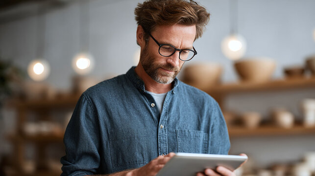 Craftsman with glasses, using tablet in a workshop. Focus and modern approach to business or art. Demonstrates skill, technology, creativity, and small enterprise.
