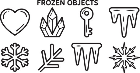 A Collection of Winter Themed Frozen Object Icons Featuring a Heart Snowflake Crystals Key and Icicles for Seasonal Design Projects