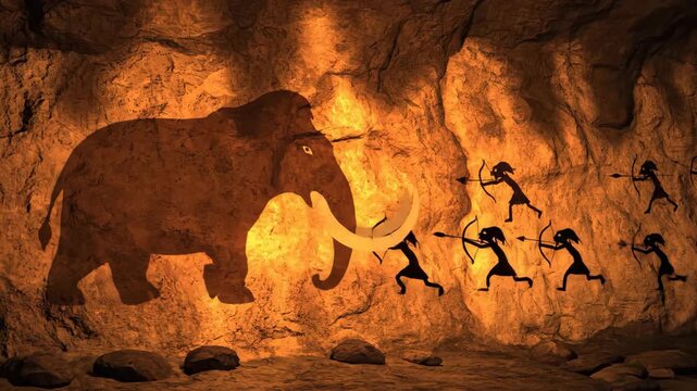 An ancient and authentic-looking cave painting on a rock wall depicts prehistoric hunters with bows and arrows working together to hunt a large woolly mammoth