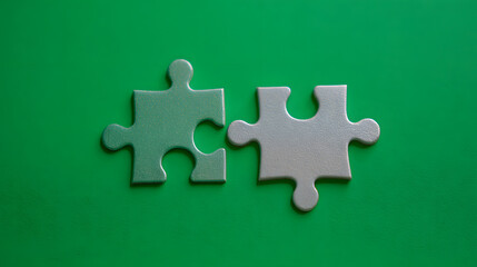 Obraz premium Two interlocking puzzle pieces on a vibrant green background, representing connection.