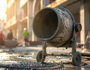 Concrete mixer pouring fresh concrete at a construction site. 