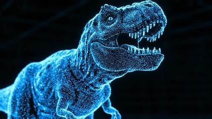 A futuristic glowing blue hologram of a roaring Tyrannosaurus Rex is displayed with incredible detail representing a modern museum exhibit or augmented reality technology - Powered by Adobe