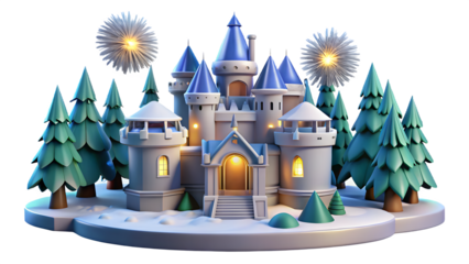 Whimsical cartoon fairytale castle with glowing windows and festive evergreen trees isolated on transparent background
