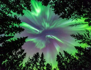 Aurora borealis framed by trees