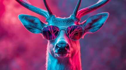 Futuristic neon portrait of a majestic deer in aviator sunglasses with pink and blue cyberpunk lighting, retro 80s synthwave style artwork for trendy posters, digital art, and creative design themes