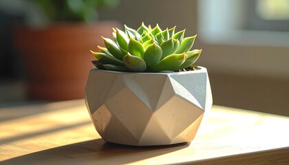 Succulent in geometric planter, sunlit