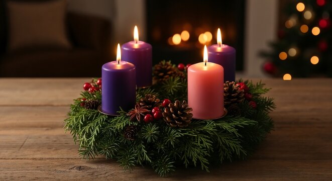 Lit Advent wreath on wooden table, showcasing four candles with evergreen boughs and pine cones. Advent wreath adds beauty to holiday display, reflecting traditions and Christmas anticipation,