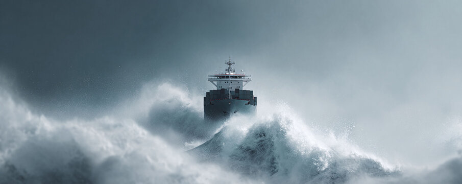A powerful image showcasing a large cargo ship battling against a stormy sea with crashing waves. Conveys resilience, determination, and challenges in maritime transport.