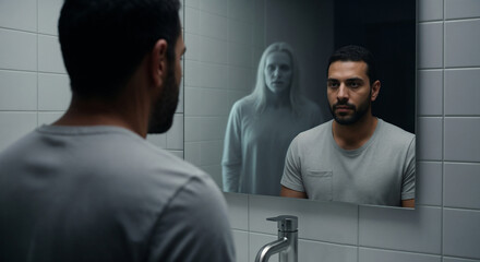 Man looking in mirror with ghostly reflection, a surreal and unsettling scene. Reflection shows a translucent figure in background, juxtaposing realism and spectral imagery.