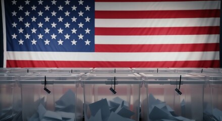 American elections featuring ballot boxes against flag backdrop. Voting boxes show democracy in action, with transparency and a sense of civic duty, during American elections.