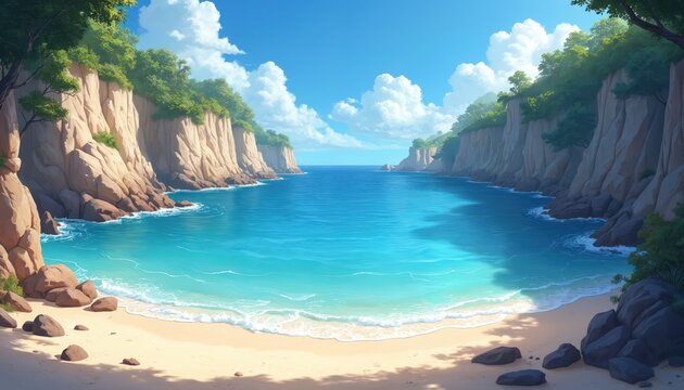 Beautiful idyllic cove illustration with turquoise water, blue sky. Rocky cliffs, soft sand create serene escape. Perfect tropical vacation location for summer travel tourism. Sunny day, clear sea