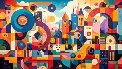 Abstract Geometric Cityscape with Vibrant Colors and Dreamlike Architecture