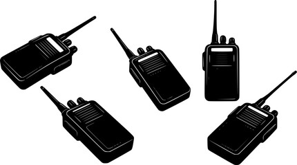 Five black walkie talkie radio communication devices shown in silhouette against a white background
