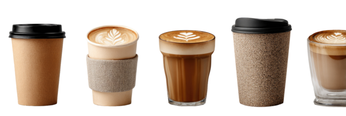 Assorted coffee drinks in takeaway cups and glasses