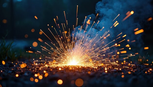 Vivid welding sparks bursting on ground. Golden, orange particles scatter against dark night. Shiny explosion with dynamic motion, hot burning energy. Abstract festive visual, vibrant colors on black - Powered by Adobe