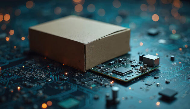 Cardboard box sits on computer circuit board. Image represents distribution, logistics for global digital technology supply chain. Focus on electronic components, network infrastructure, data flow. - Powered by Adobe