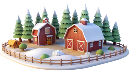 Charming 3d cartoon winter farm scene with red barns and snow covered evergreen trees isolated on transparent background