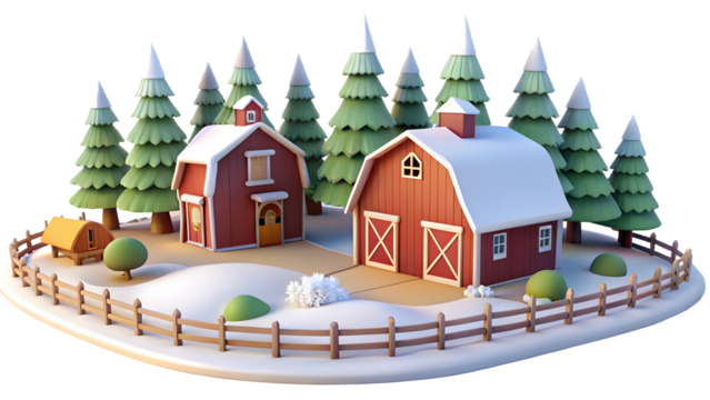 Charming 3d cartoon winter farm scene with red barns and snow covered evergreen trees isolated on transparent background