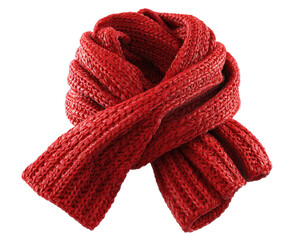 A vibrant red knitted scarf, intricately knotted in a circular pattern.  The texture is prominent, with visible ribbed knitting