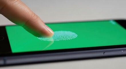 Finger touching smartphone screen with fingerprint scanner and biometric authentication concept