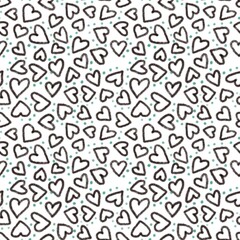 Seamless abstract geometric pattern. Green, black, white. Hearts, dots. Digital texture. Illustration. Design for textile fabrics, wrapping paper, background, wallpaper, cover.