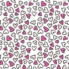 Seamless abstract geometric pattern. Simple background in pink, black, white colors. Hearts. Digital texture. Illustration. Design for textile fabrics, wrapping paper, background, wallpaper, cover.