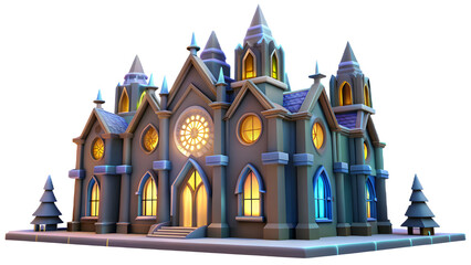 Fototapeta premium Ornate gothic revival miniature building with glowing windows and spire towers isolated on transparent background
