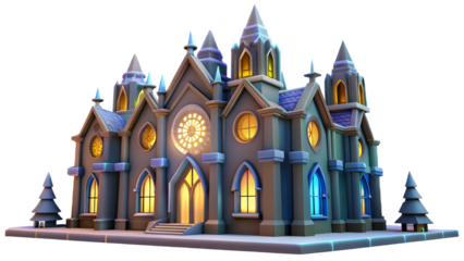 Ornate gothic revival miniature building with glowing windows and spire towers isolated on transparent background
