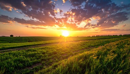 Sunset over a grassy field