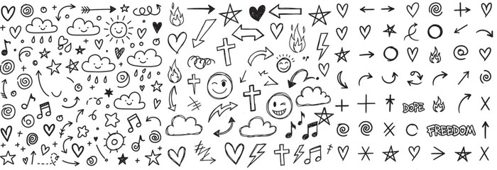 Whimsical Hand Drawn Doodle Collection Featuring Arrows, Hearts, Stars, Clouds, Musical Notes and Graphic Elements in Black and White