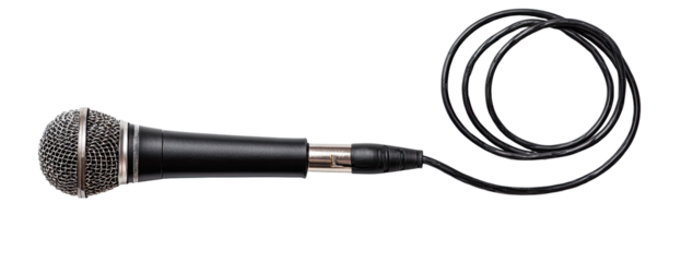 A black microphone with a coiled cable