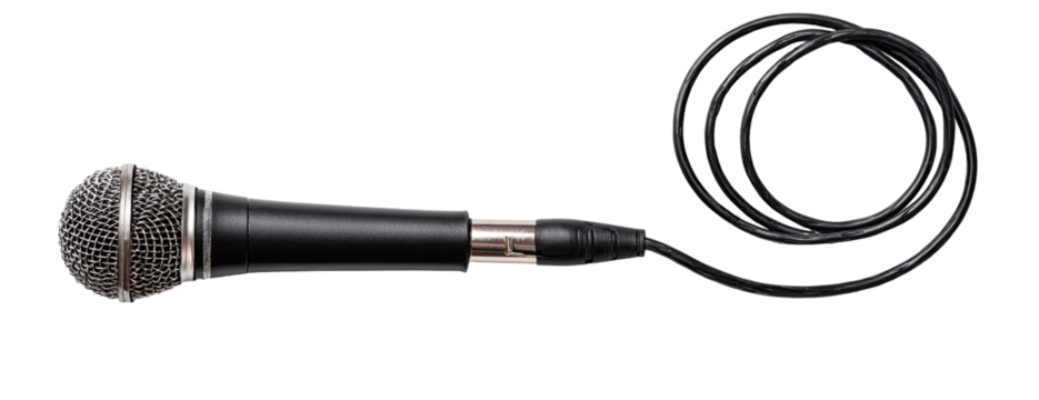 A black microphone with a coiled cable
