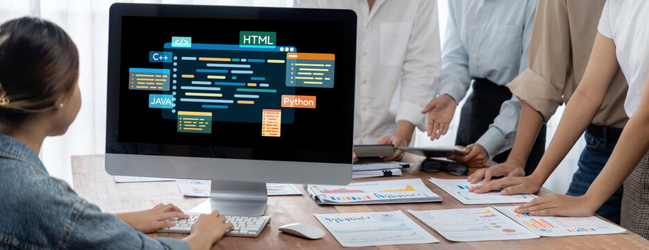 Software development or programming work with coding screen of various programming languages like HTML, , , and C brisk for new application development