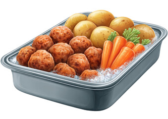 Frozen meal container with meatballs, potatoes, and carrots