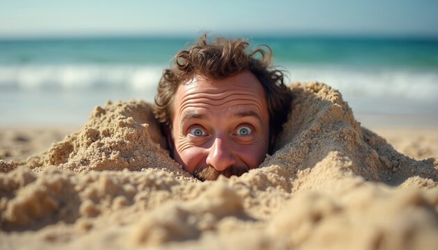 Man with surprised blue eyes buried in beach sand, sunny day at seaside. Humorous vacation fun, carefree summer activity, playful enjoyment, and ocean relaxation.